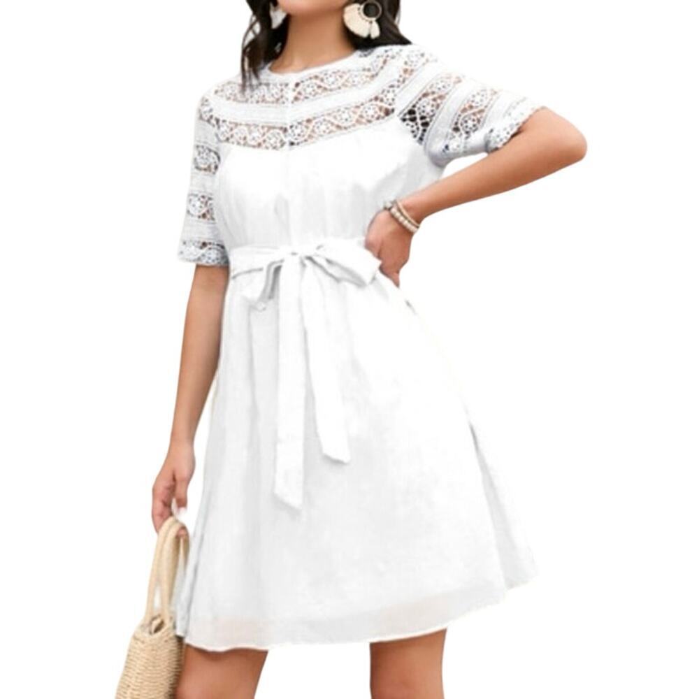 JJ’S HOUSE Scoop White Chiffon Crochet Lace Yoke Mini Dress Sash Beachy - NWT